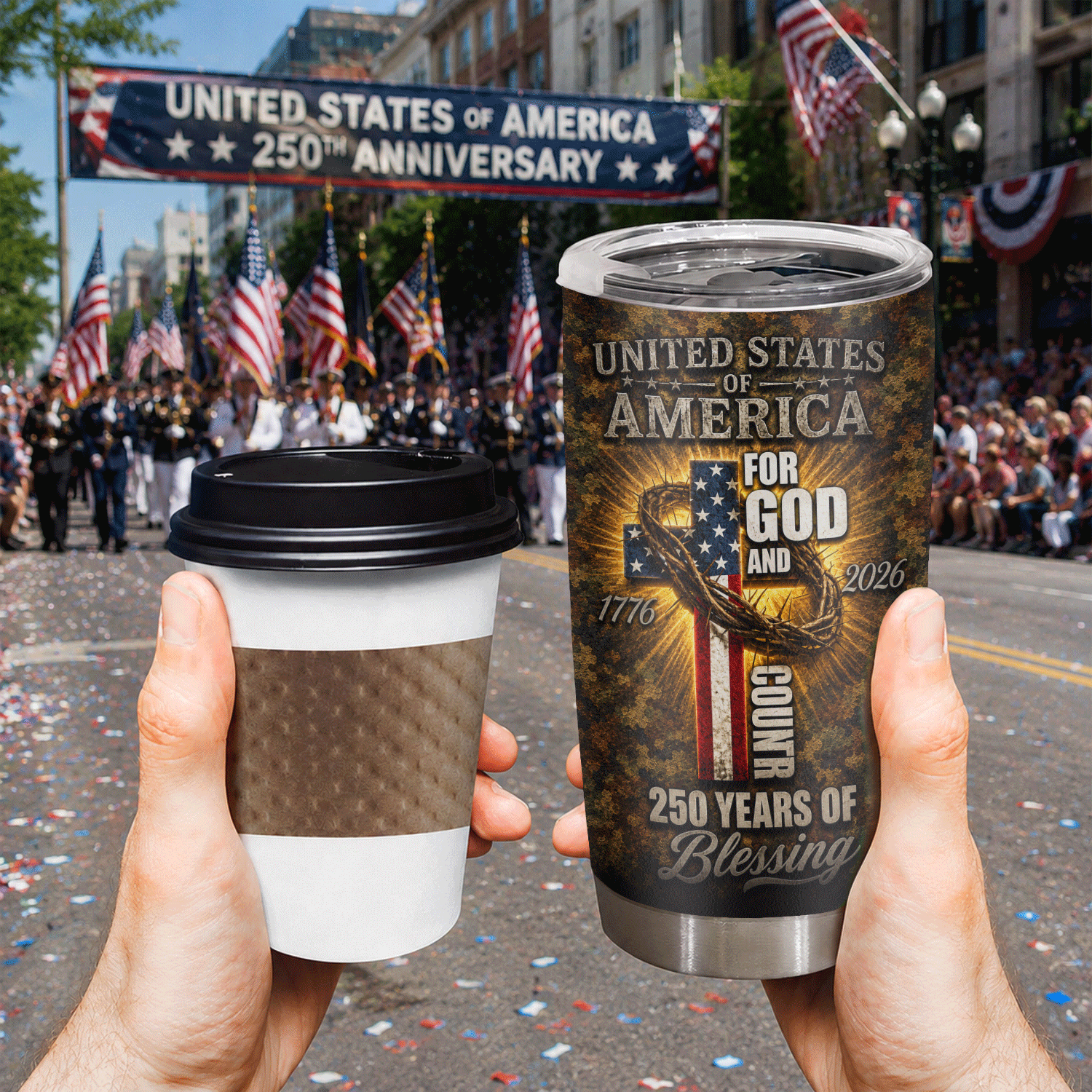 God and Country Cross 1776-2026 Stainless Tumbler