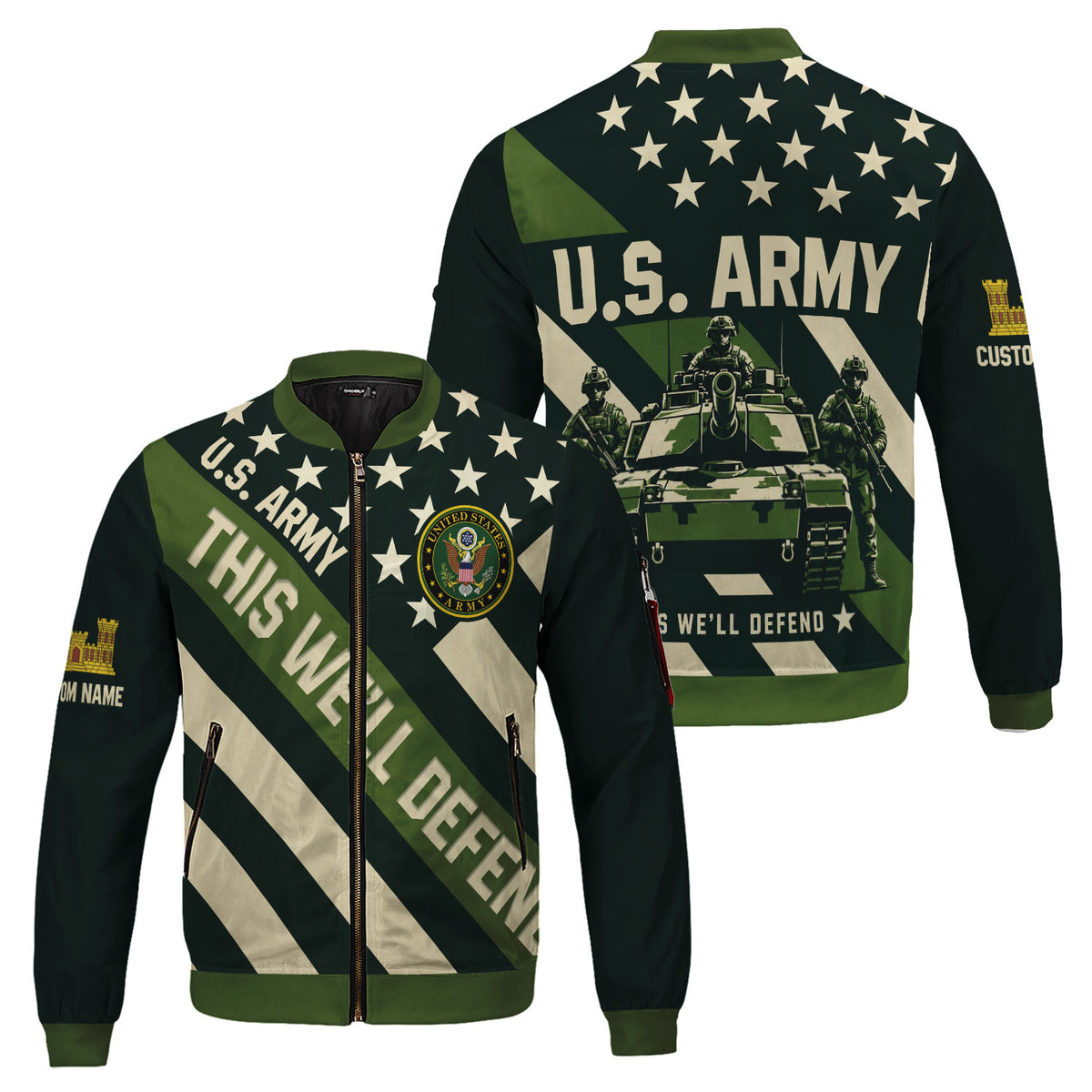 Custom US Army Soldier Bomber Jacket with Personalized Text & Military Rank