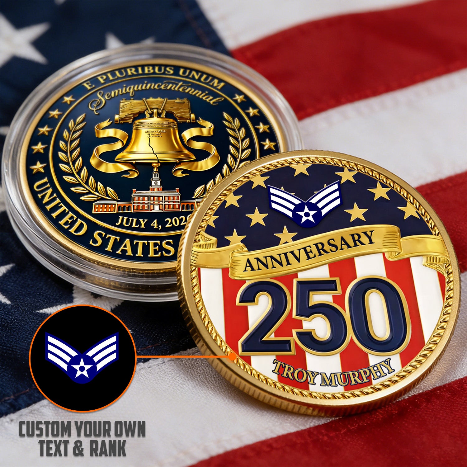 USA 250 Anniversary Coin Custom Name Rank US Air Force Patriotic Gift