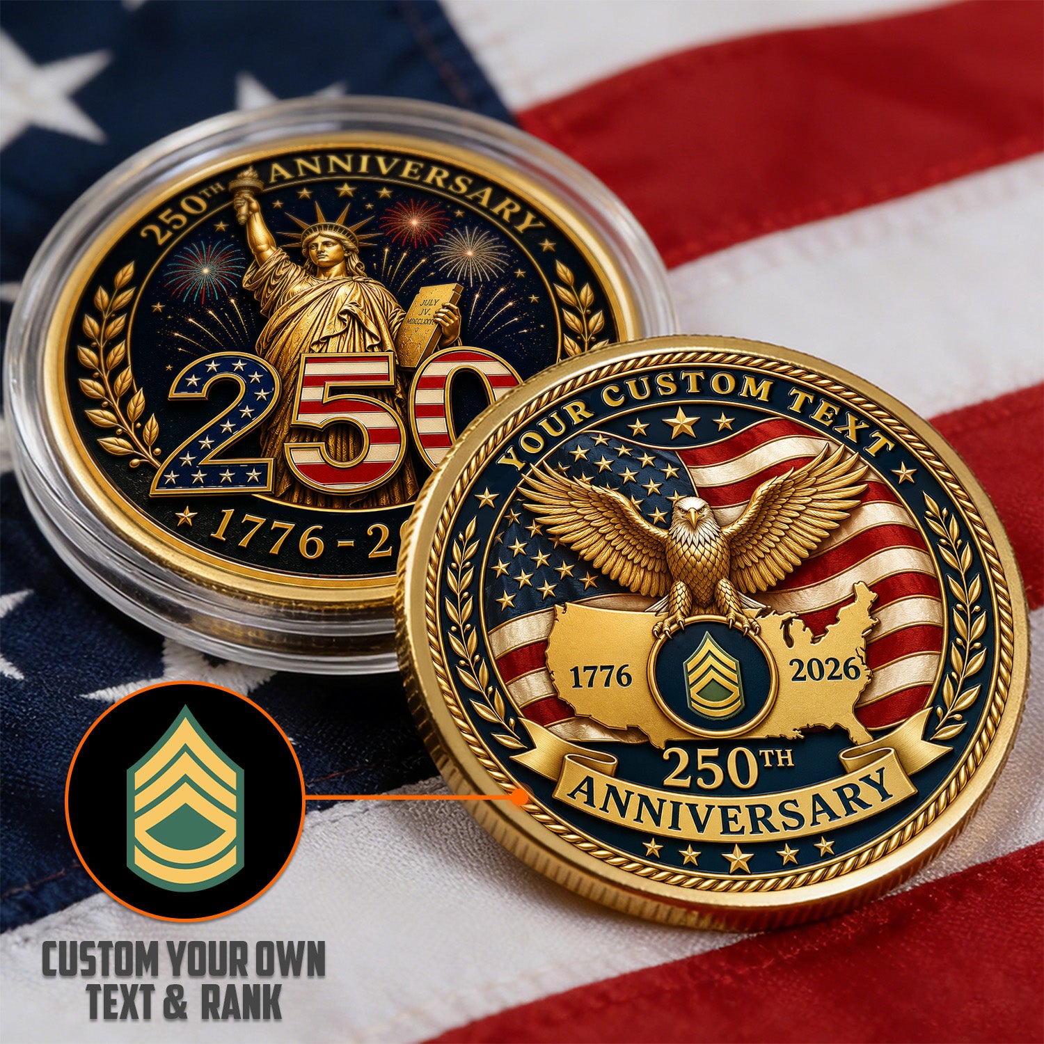 Personalized USA 250th Anniversary Navy Rank 3D Challenge Coin