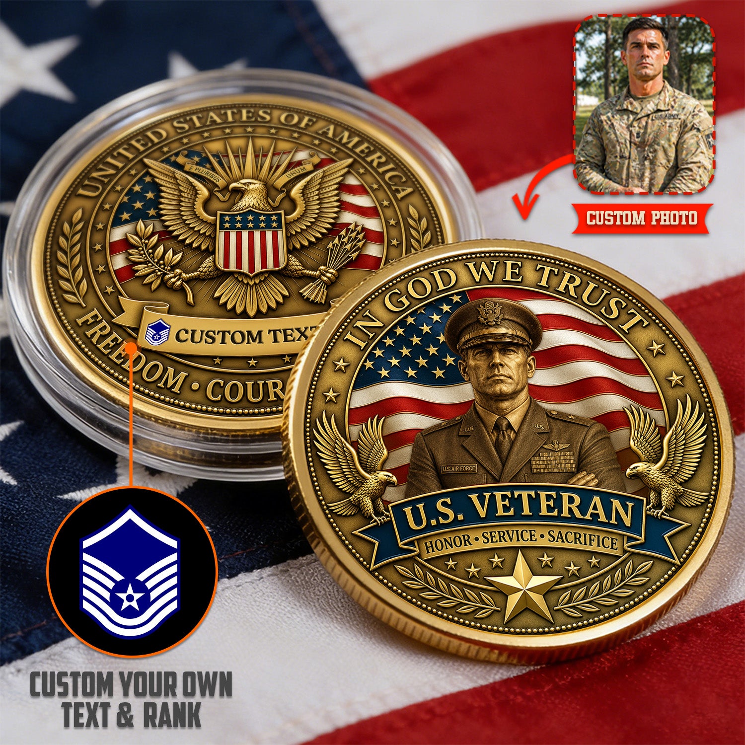 USAF Veteran Custom Photo Rank 3D Challenge Coin