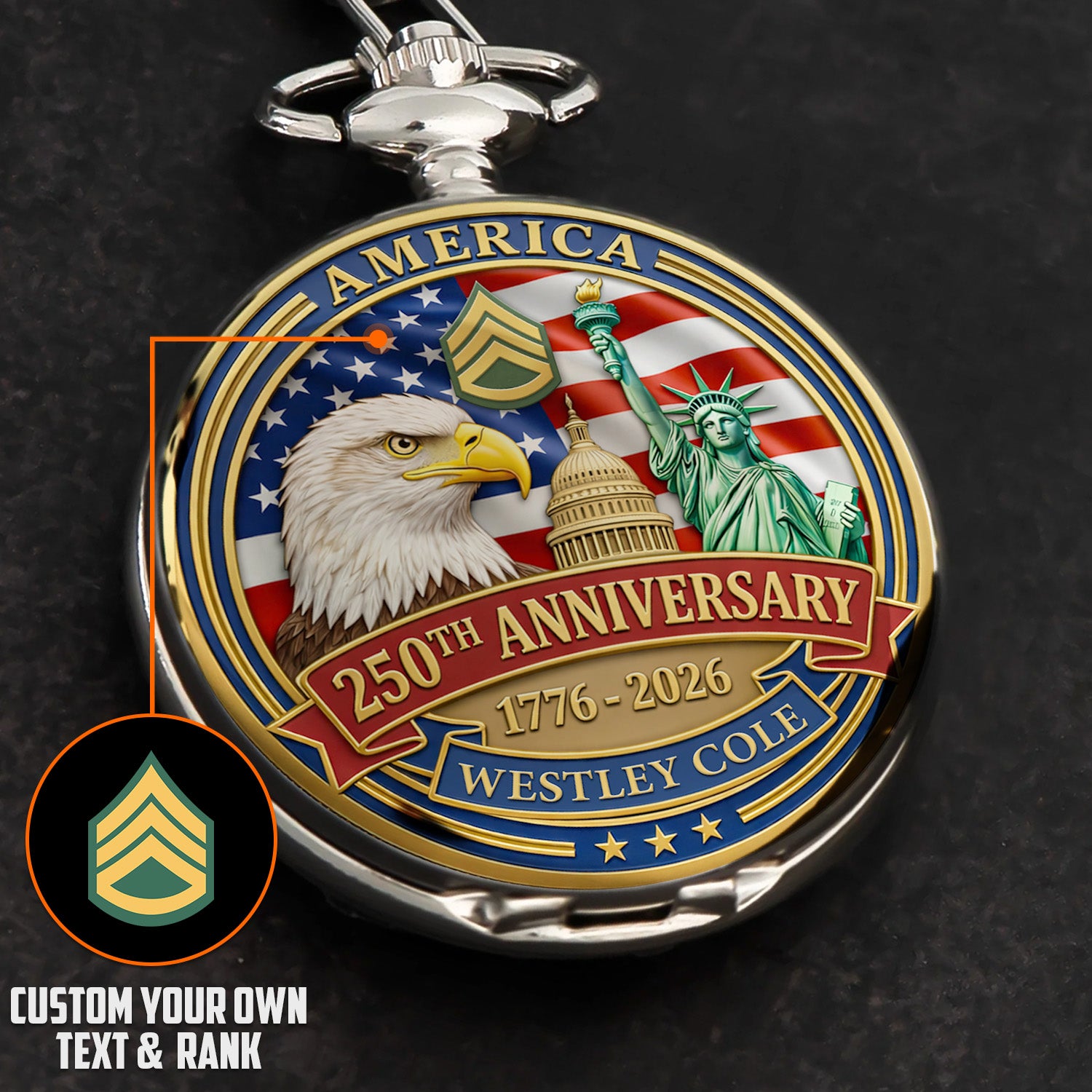 Personalized US Army Pocket Watch Custom Text Veteran Gift