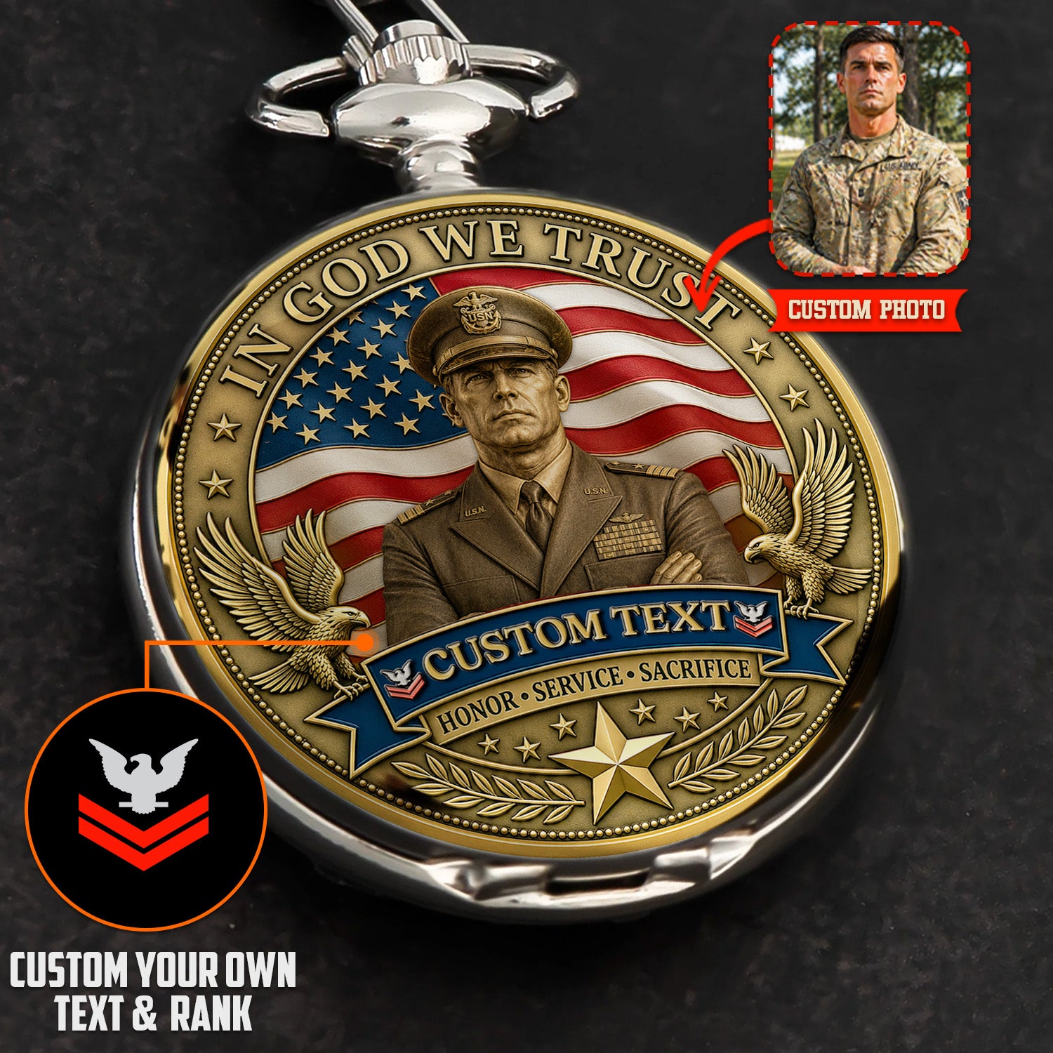 US Navy Pocket Watch Custom Rank Name Retirement Gift