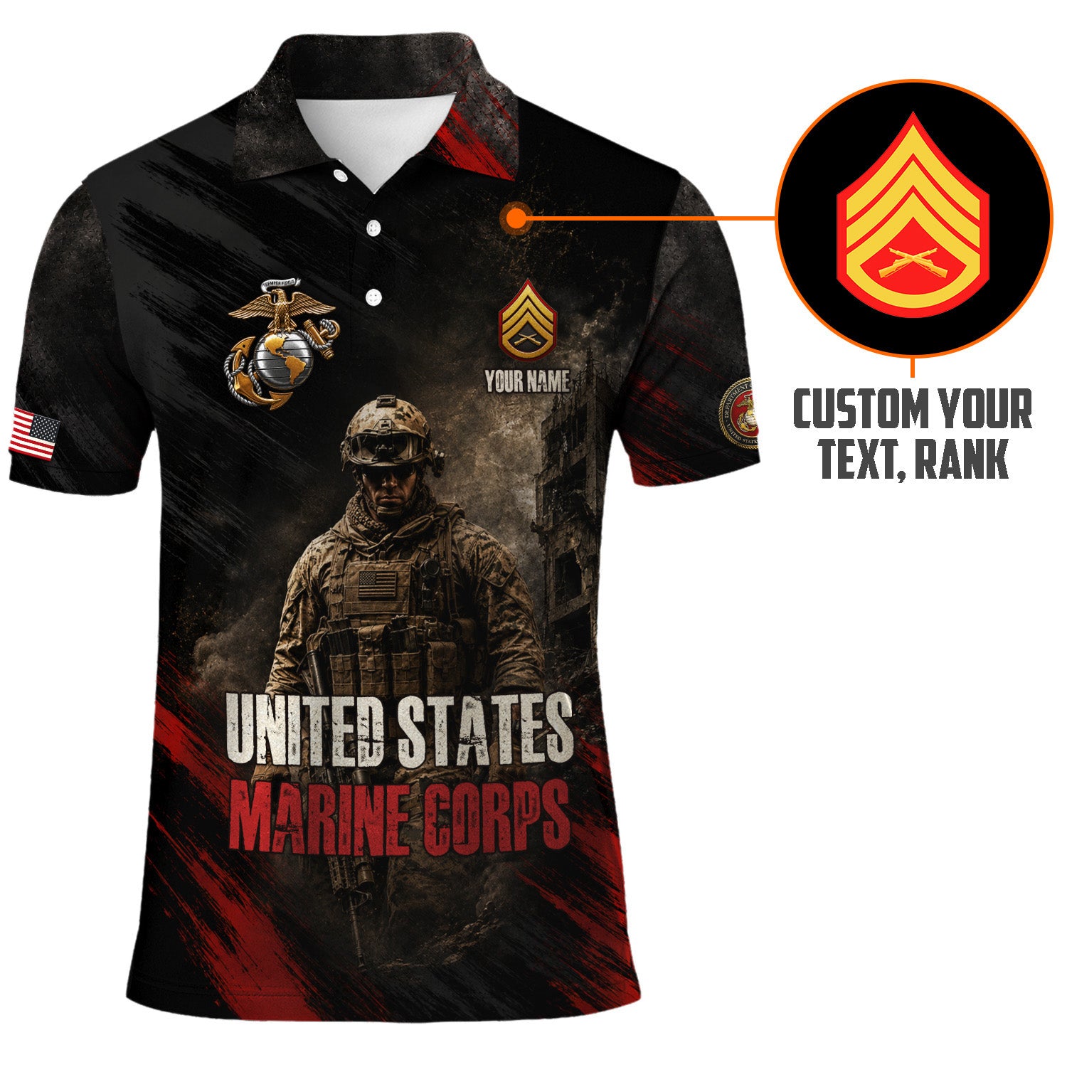 US Marine Corps Personalized Military Rank All Over Print Polo Shirt