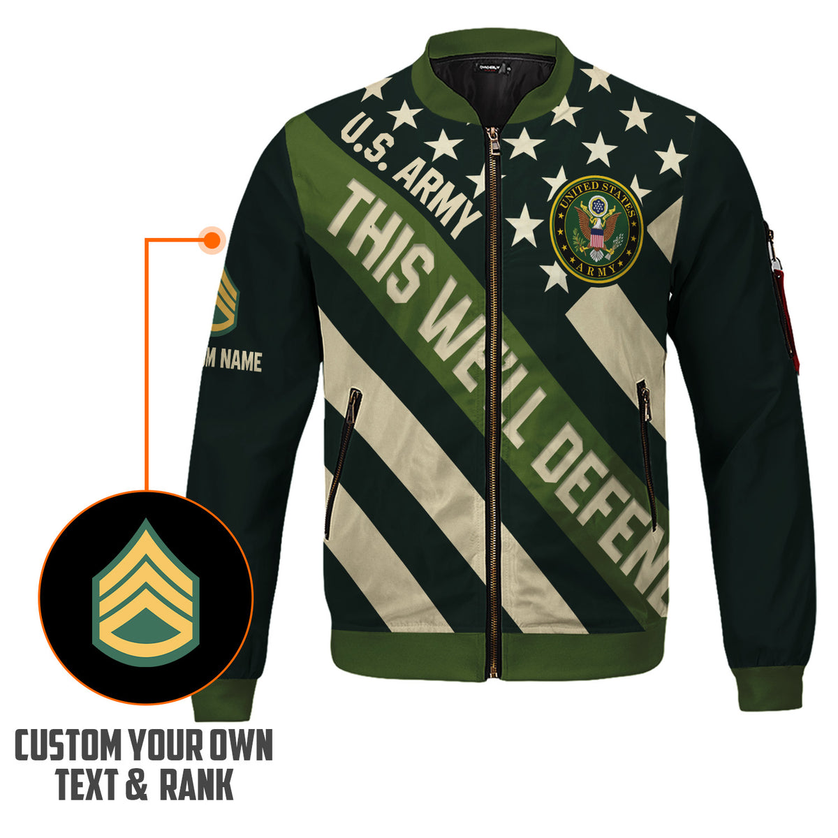 Custom US Army Soldier Bomber Jacket with Personalized Text & Military Rank