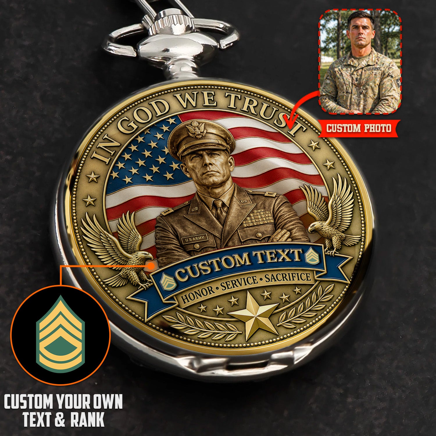 US Army Personalized Pocket Watch Custom Rank Veteran Gift