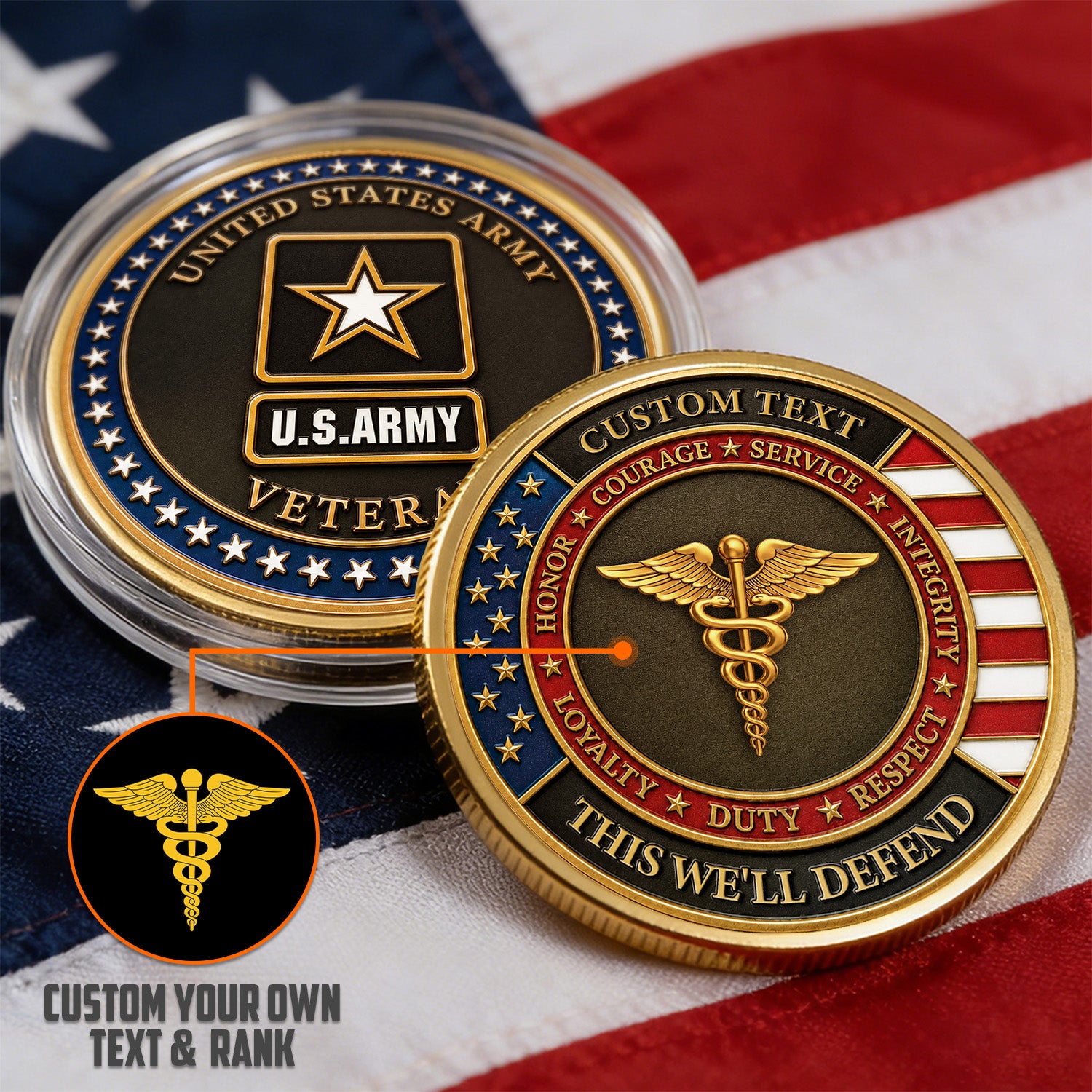 Personalized Army Recognition 3D Challenge Coin With Rank