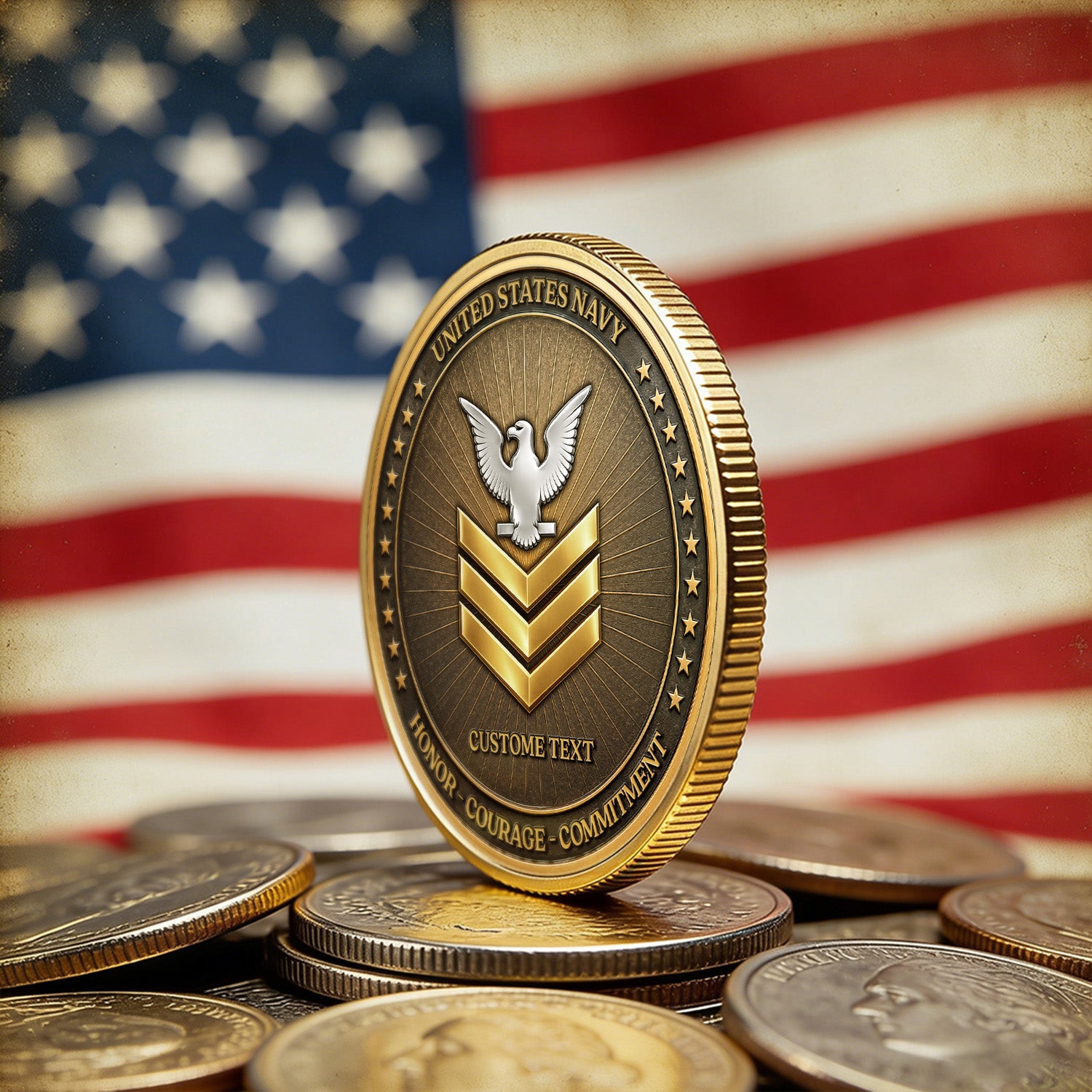 US Navy Personalized 250th USA 3D Challenge Coin