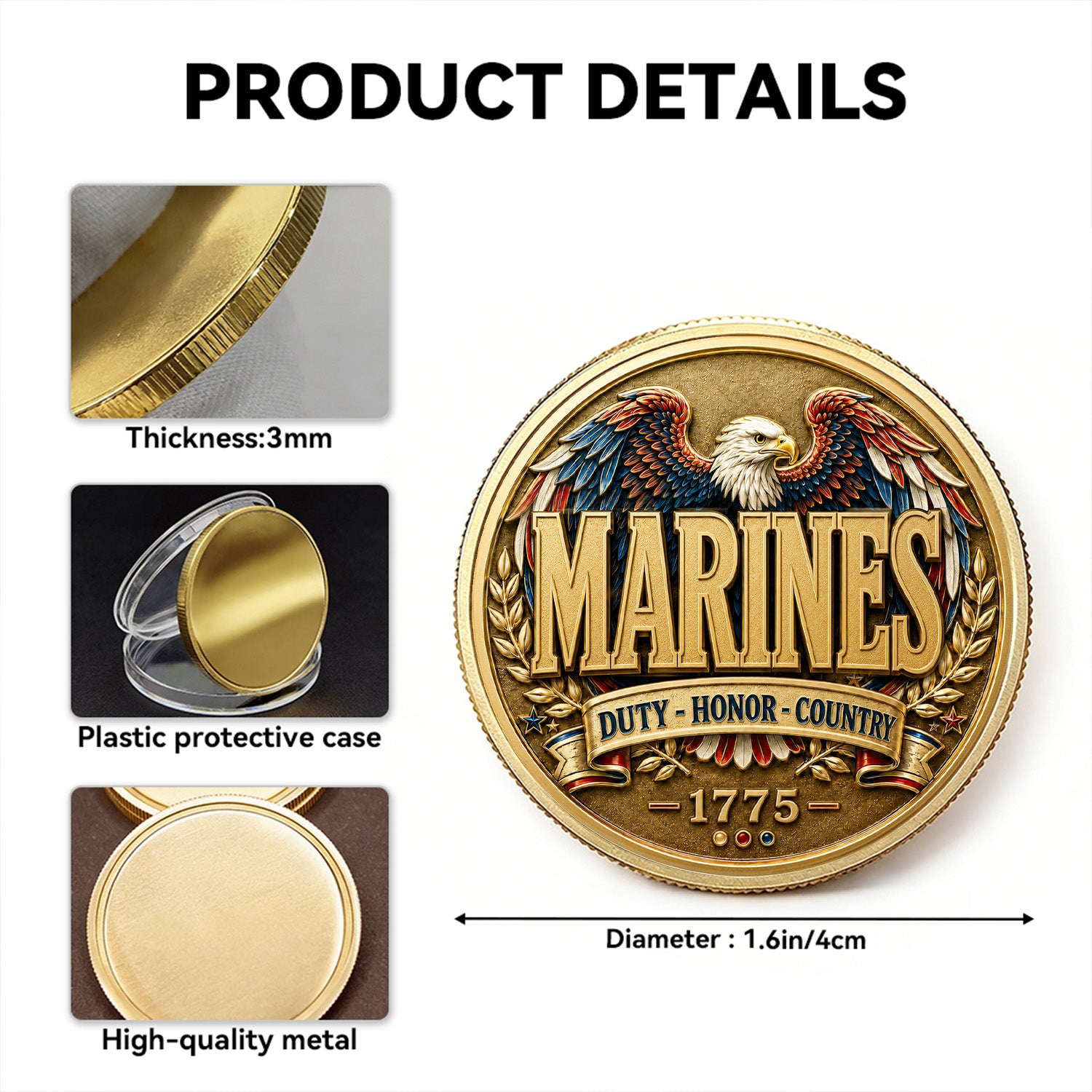 Personalized Marine Service Rank Name 3D Challenge Coin