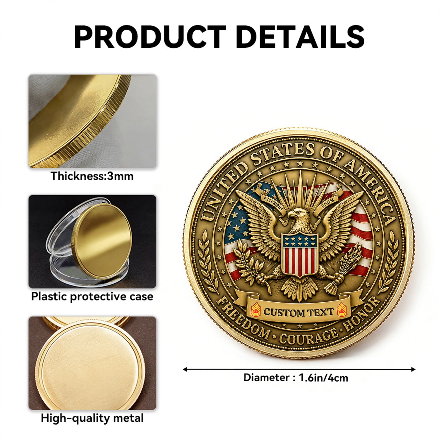 USMC Veteran Custom Rank Text 3D Challenge Coin Gift