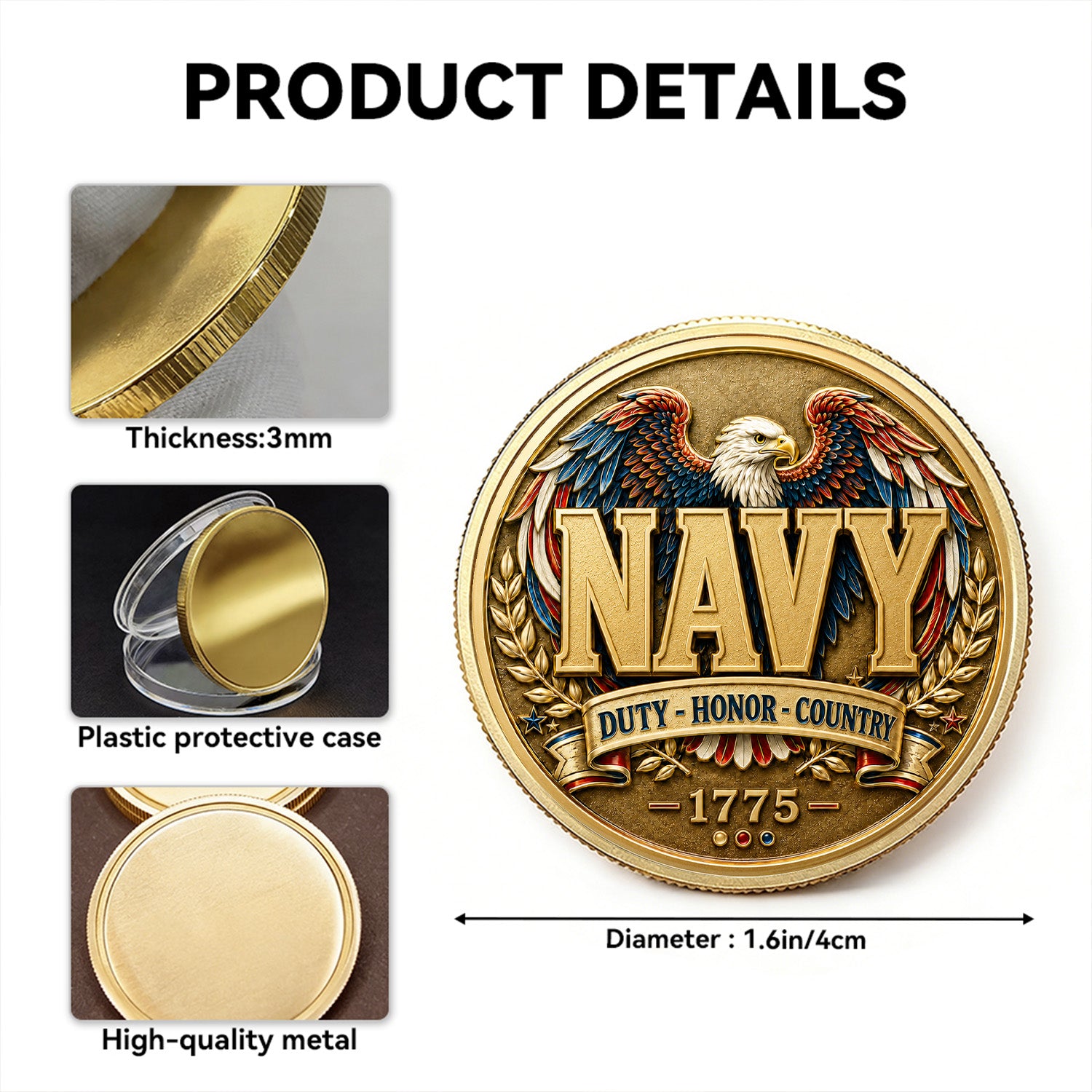 Navy Veteran Personalized Service Text 3D Challenge Coin