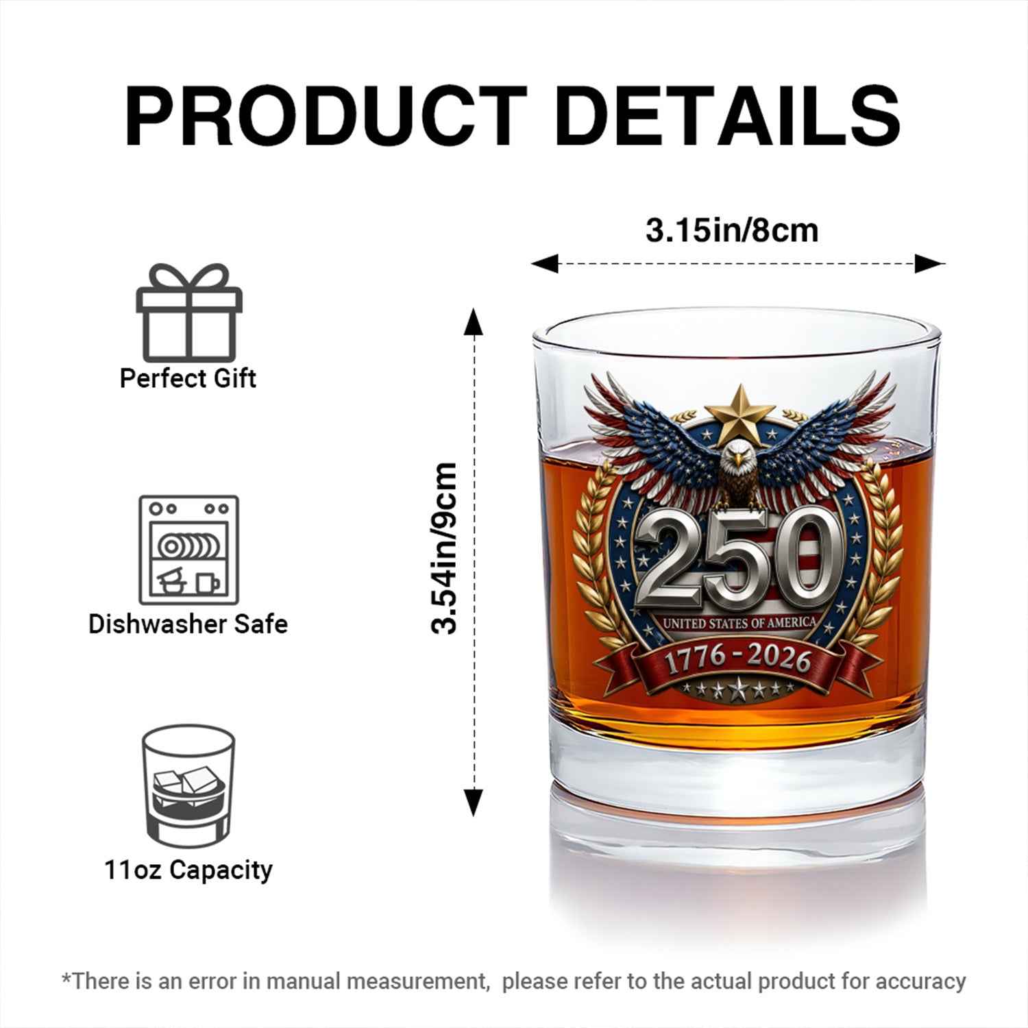 USA 250th Anniversary Whiskey Glass Patriotic Collector Gift
