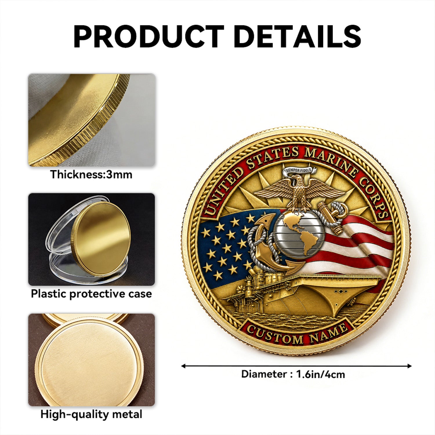Custom USMC Enlisted Rank Text 3D Challenge Coin Gift