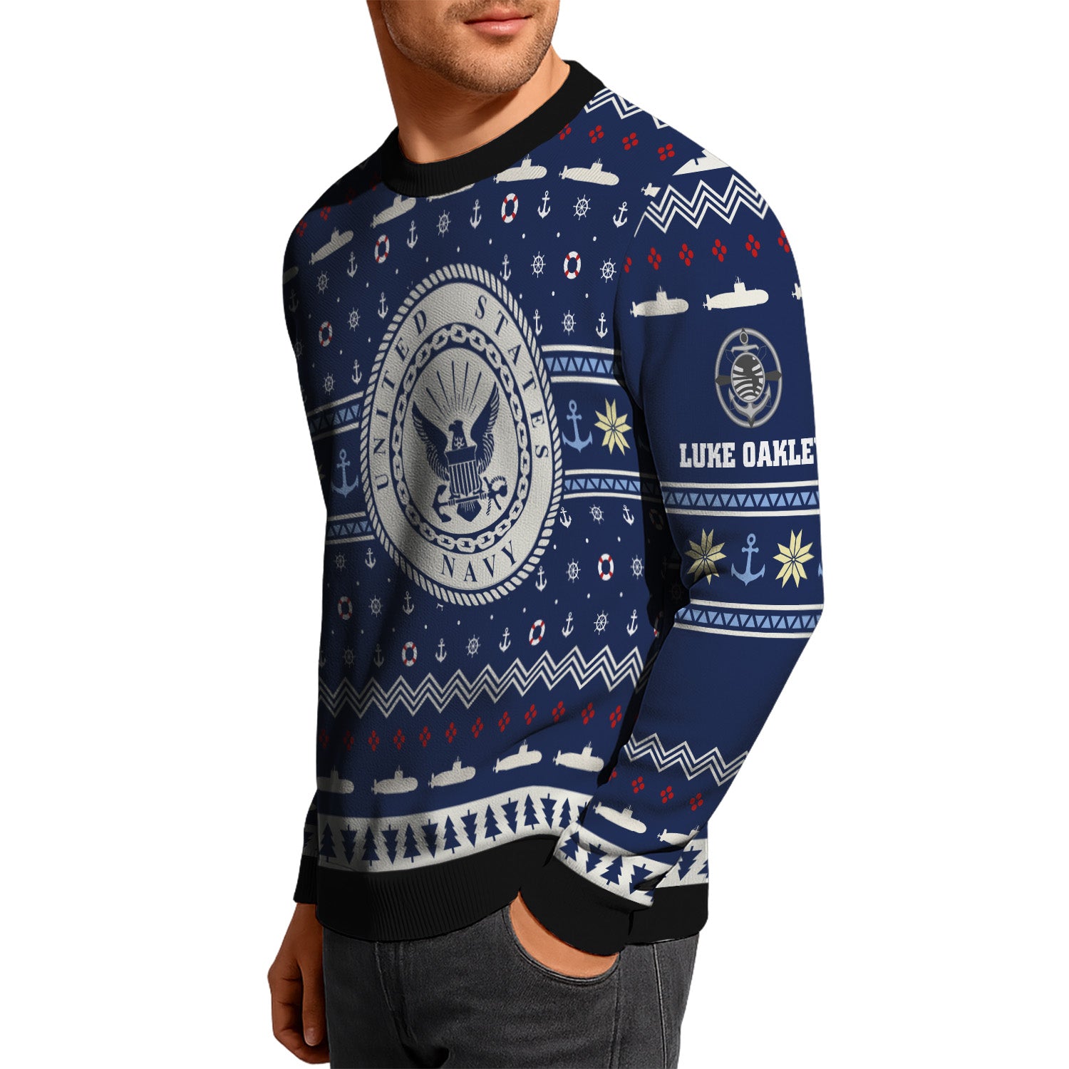 Custom Ranks And Text US Navy Ugly Christmas Sweater for Women Men KRUST01