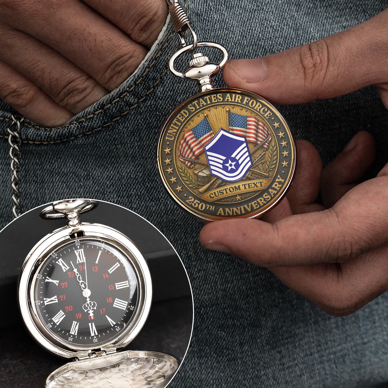 US Air Force Pocket Watch Personalized Text and Rank