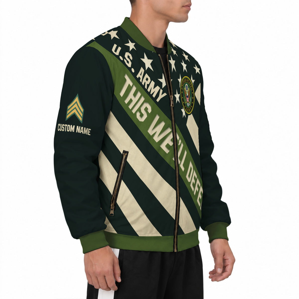 Custom US Army Soldier Bomber Jacket with Personalized Text & Military Rank