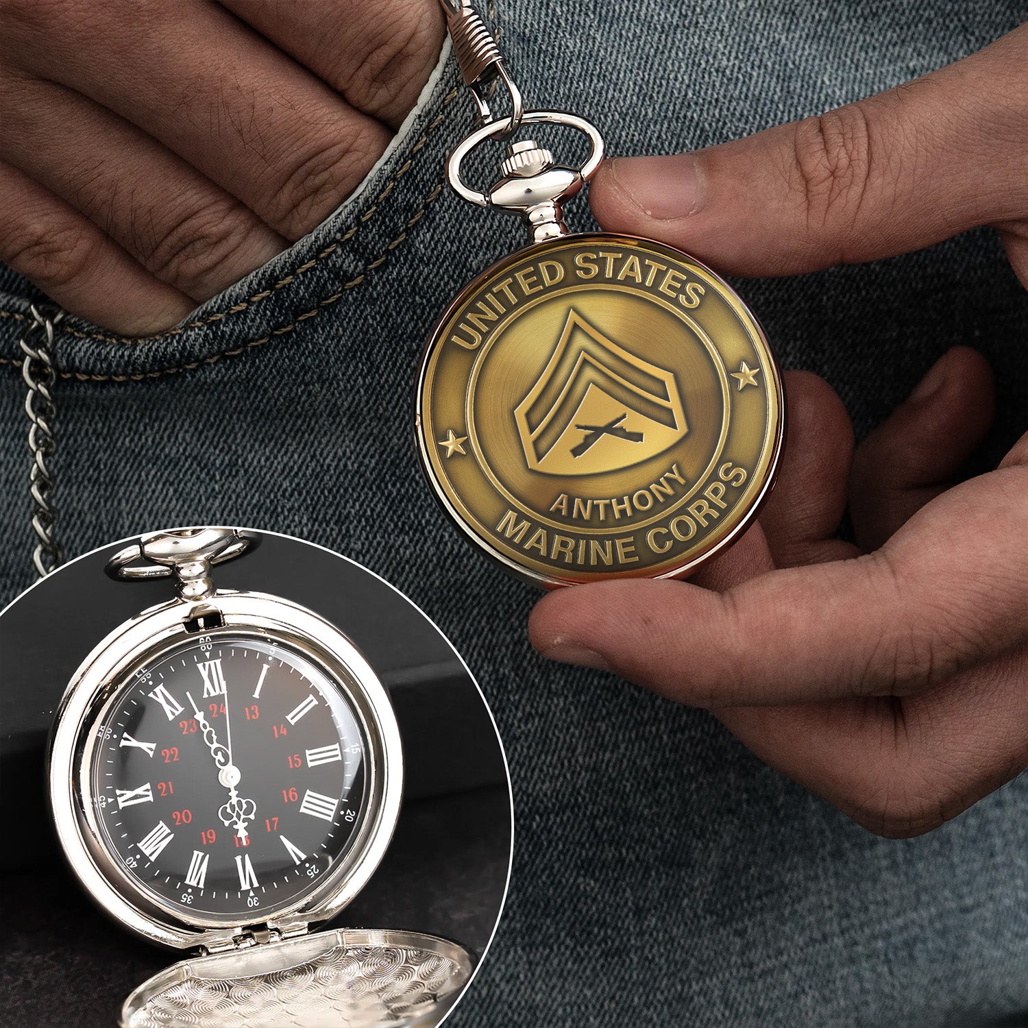 Personalized MARlNE Custom Ranks/Insignia And Text Round Pocket Watch