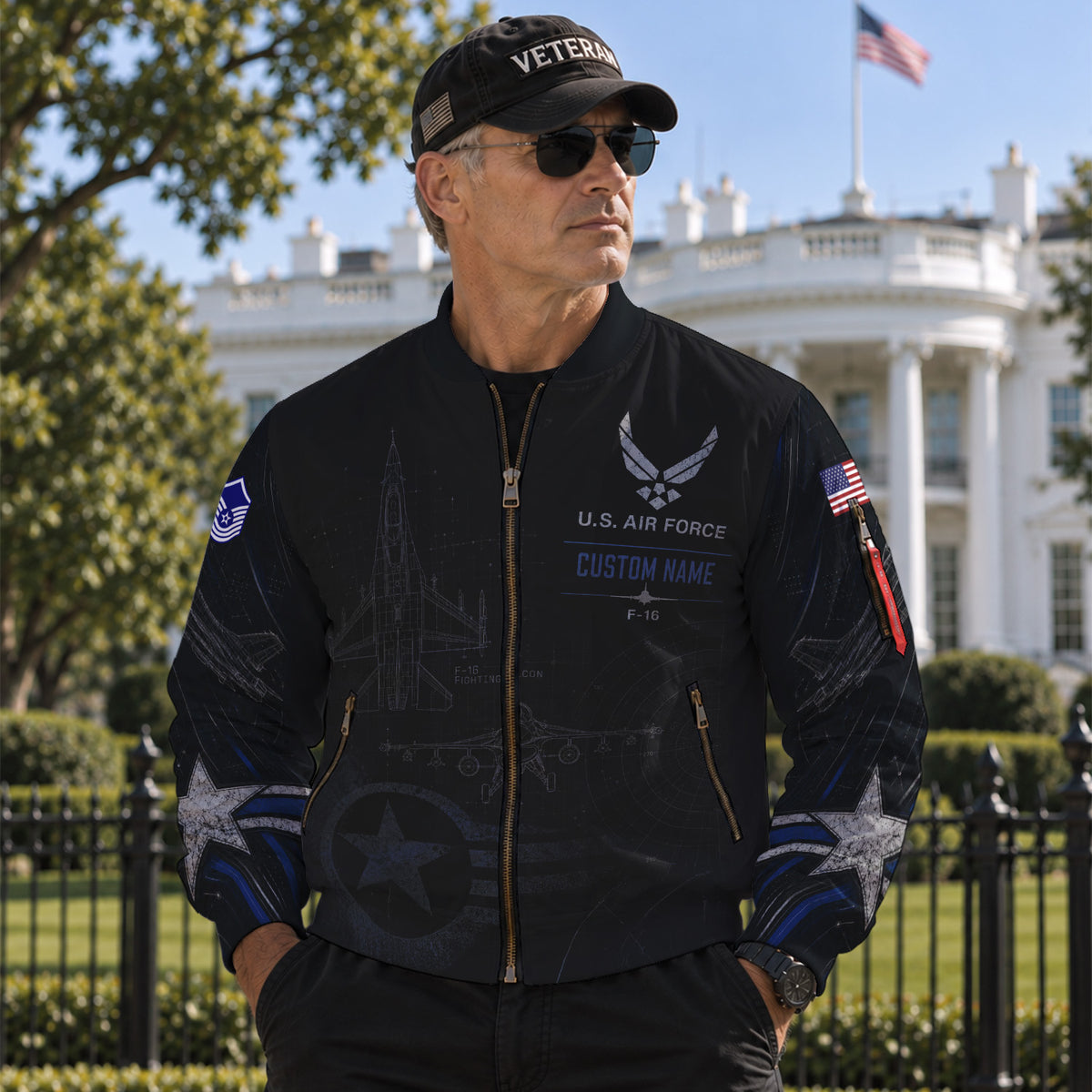 Custom USAF Veteran Bomber Jacket Personalized Name Rank Military Gift