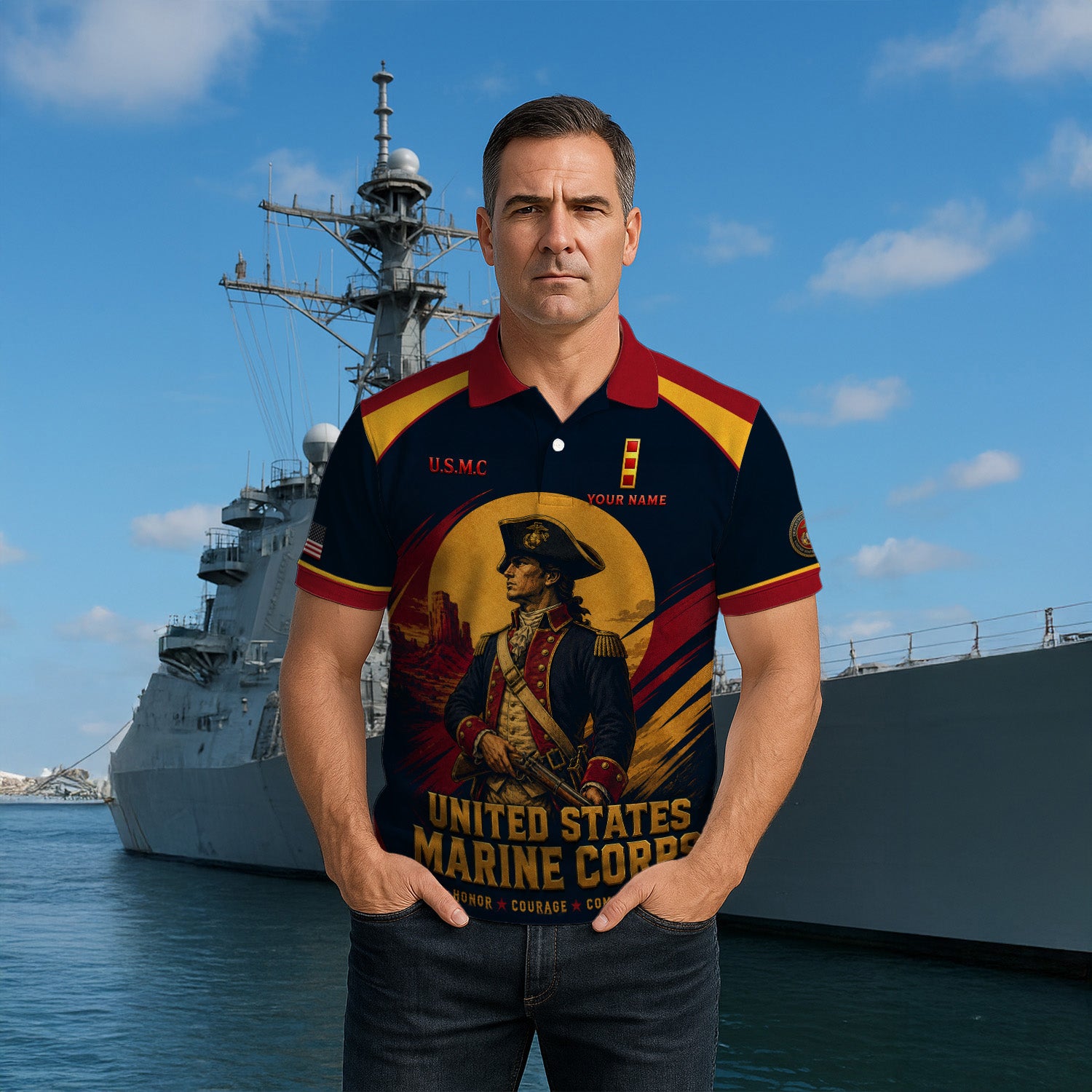 Custom USMC Veteran 3D Polo Shirt with Name and Rank