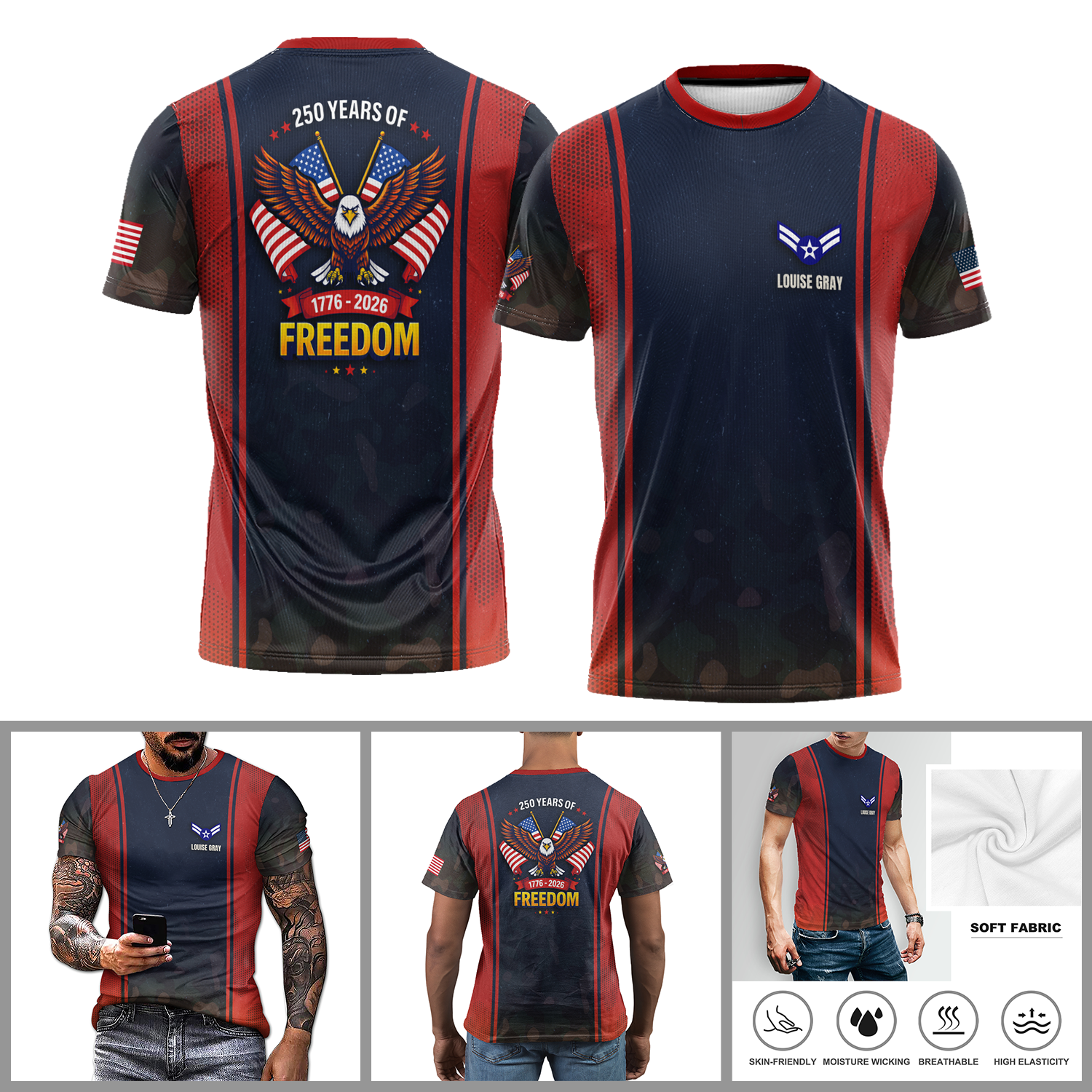 USA 250 Freedom T Shirt Eagle Patriotic All Over Print