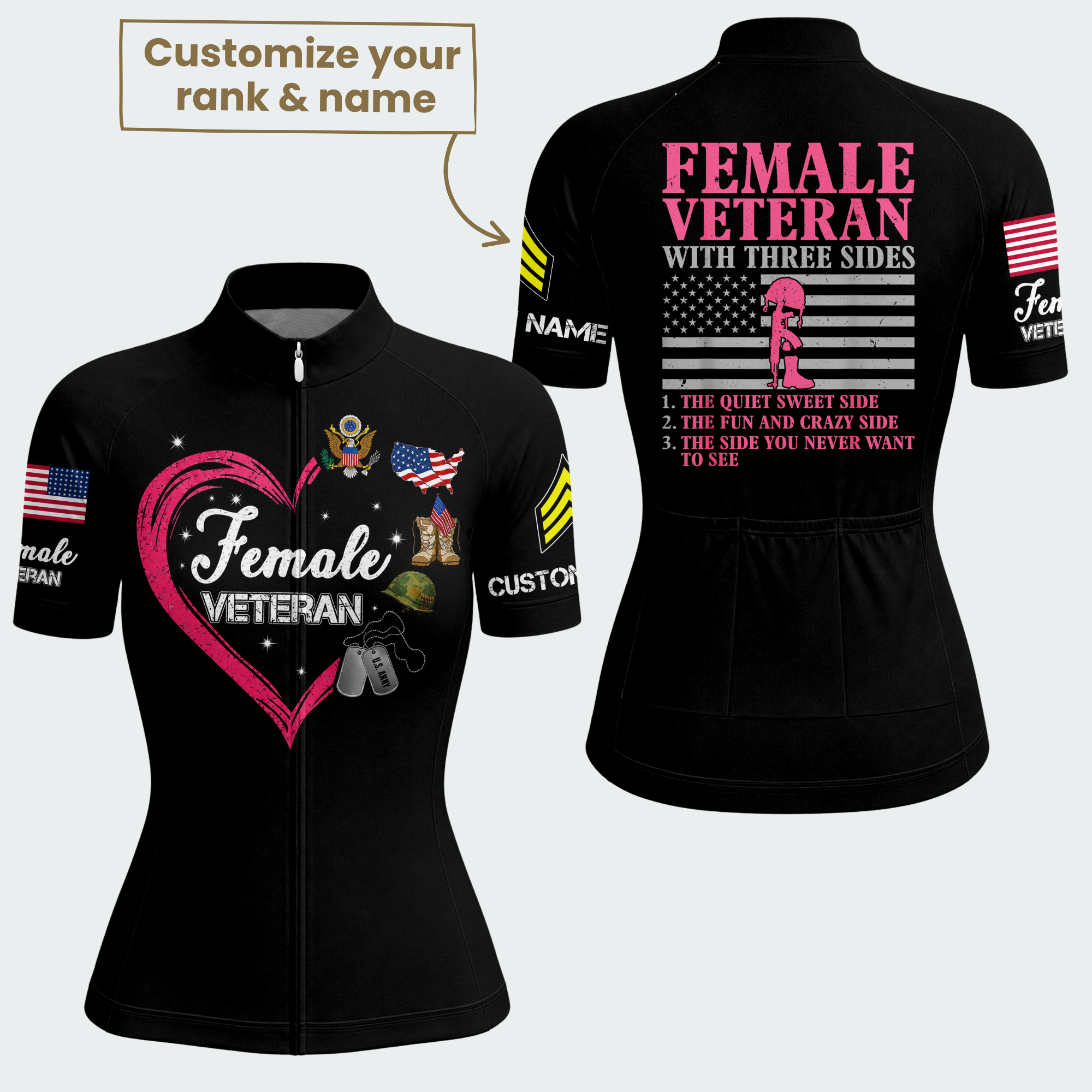 Women’s Personalized Army Female Veteran With Three Sides Cycling Jersey & Kit