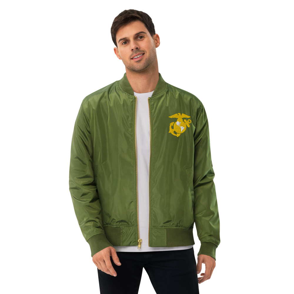 Never Underestimate An Old Marine, Custom MARlNE Ranks, Insignia On Back, Embroidered Recycled Bomber Jacket