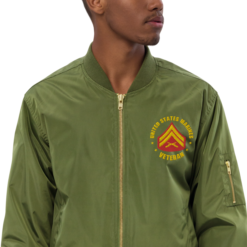 US Marines Veteran Defender Of Freedom, Custom MARlNE Ranks, Insignia On Left Chest, Embroidered Recycled Bomber Jacket
