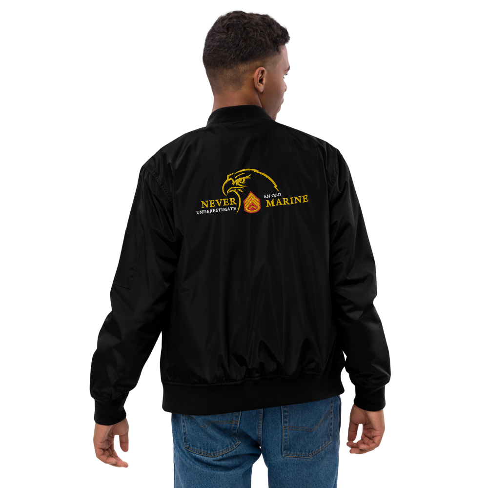 Never Underestimate An Old Marine, Custom MARlNE Ranks, Insignia On Back, Embroidered Recycled Bomber Jacket